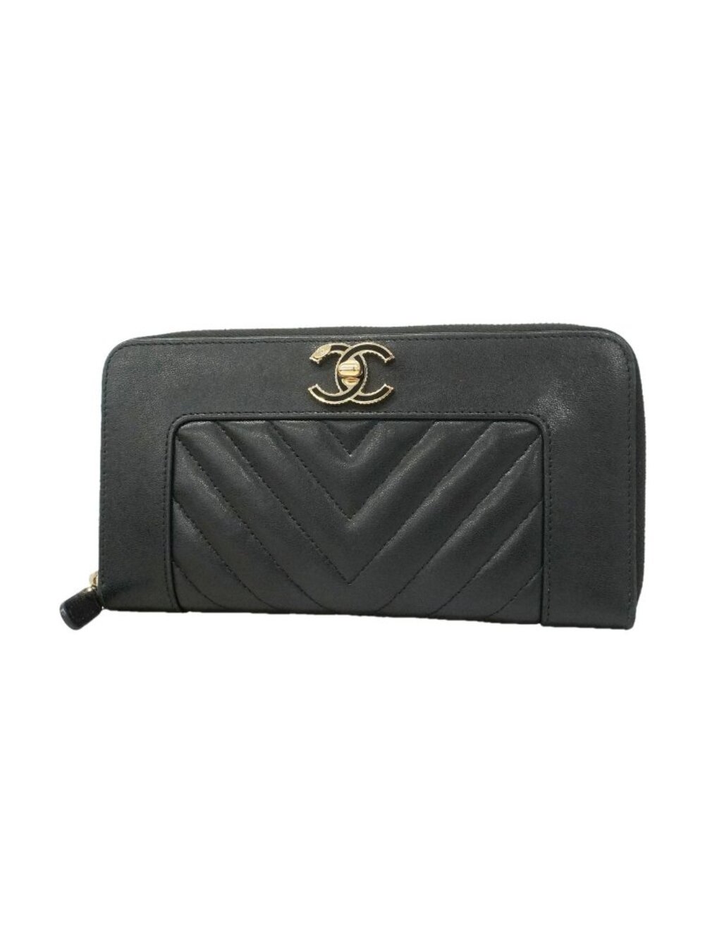 Chanel Wallet V-stitch Mademoiselle Lambskin Black Champagne Gold
